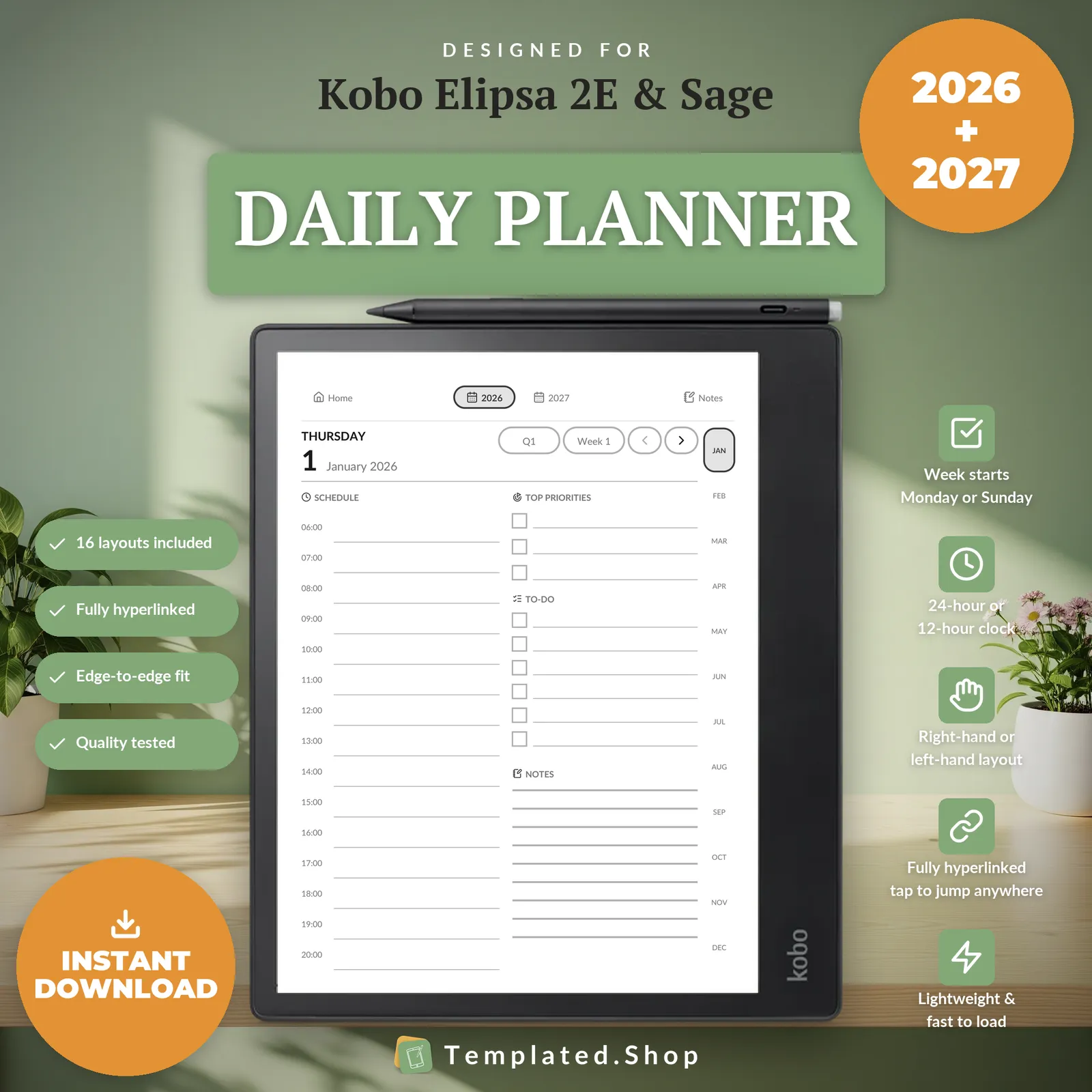 Daily Planner 2026–2027 on an e-ink tablet